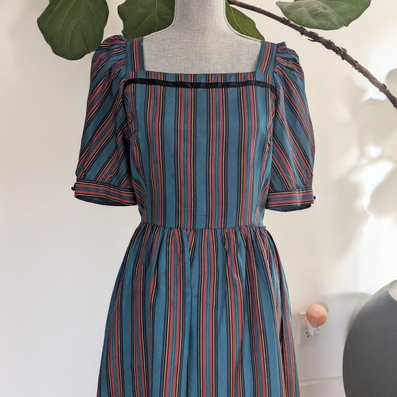 70's Lanz Original Striped Green Fit and Flare Vintage Dress - Picture 2 of 7